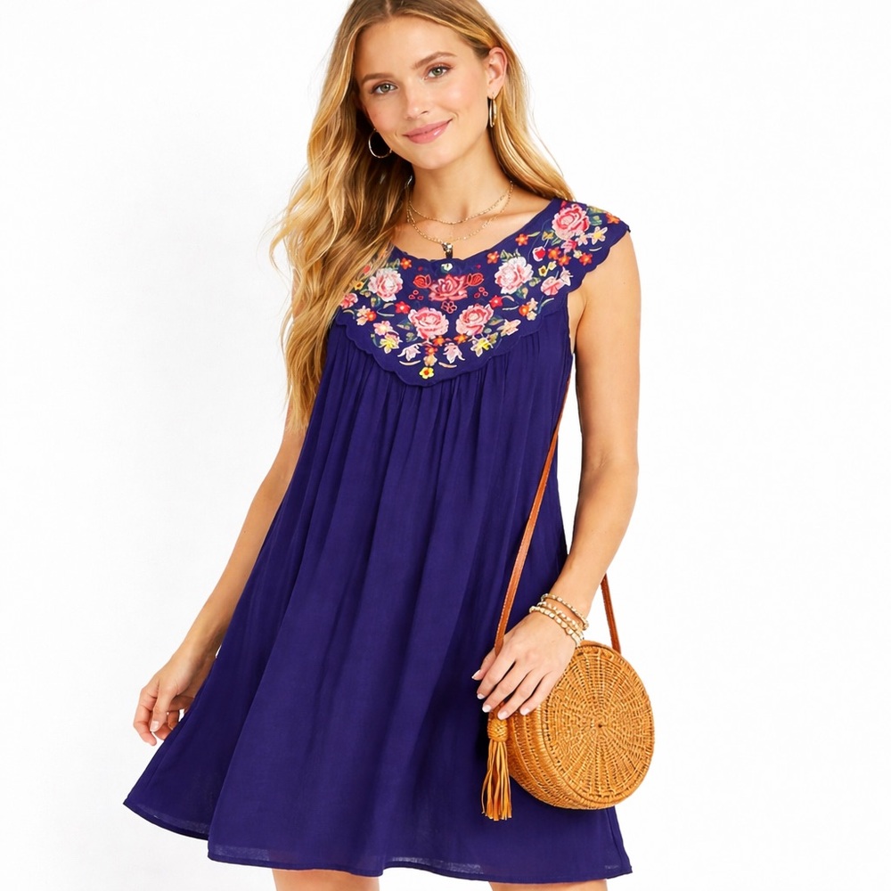 Altar’d State Embroidered Boho Dress Floral Rayon Blue Size M